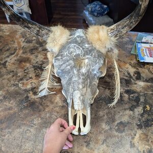 Decorative Faux Antler Skull with Fur Accents